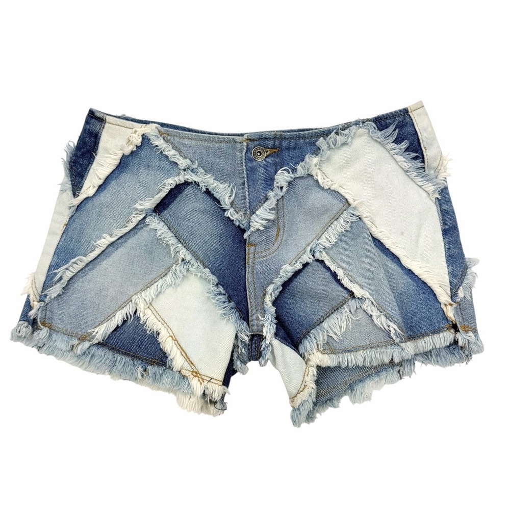 Y2K Patchwork Denim Shorts Raw Edge Frayed Low Rise Festival Boho Jean Shorts